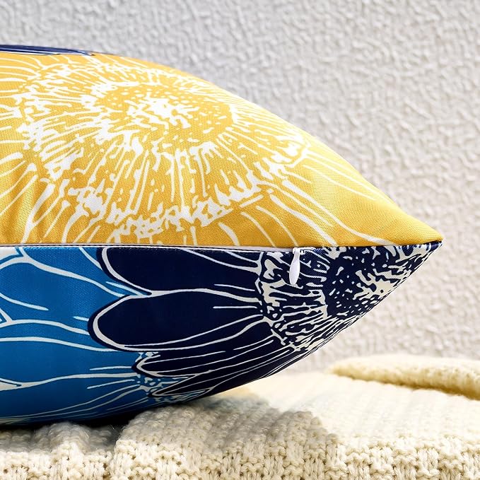 Waterproof Outdoor Pillow Covers 18x18 Decorative Summer Sunflower Square Pillow Covers Blue Yellow Throw Pillow Covers Set of 2 Garden Cushion Throw Pillowcase for Patio Furniture Tent Balcony Bench