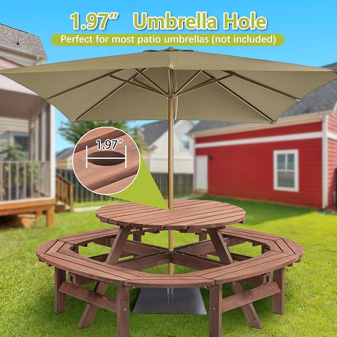 8-12 Person Outdoor Round Wooden Picnic Table with 8 Built-in Benches, Umbrella Hole, Outside Table and Bench Set for Garden, Backyard, Porch, Patio and Deck