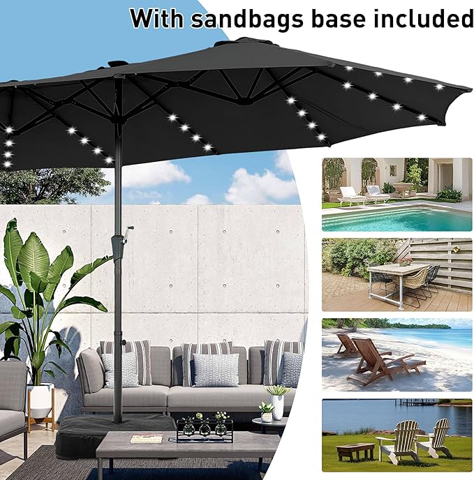 15 ft Patio Umbrella with 48 LED Lights, Large Rectangle Outdoor Solar Umbrella with Matching Base, Strap, Crank, Black
