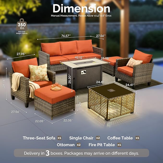 7 Piece Wicker Patio Furniture Set with Firepit Table, Orange | Outdoor Deep Seating Sofa Chair Ottoman, Firepit, Solar Lights Table, Modern Conversation Set, Porch Deck Backyard