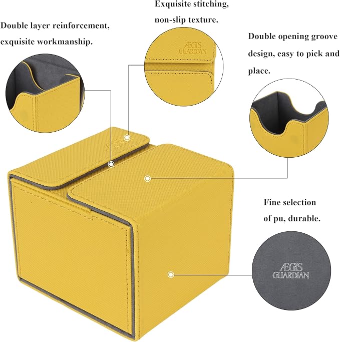 AEGIS GUARDIAN Card Deck Box with Dice Tray for MTG Cards, Commander Deck Box fit 150+ Sleeved Cards, PU Leather Card Storage Box Strong Magnet Deck Game Case for TCG CCG, Yellow