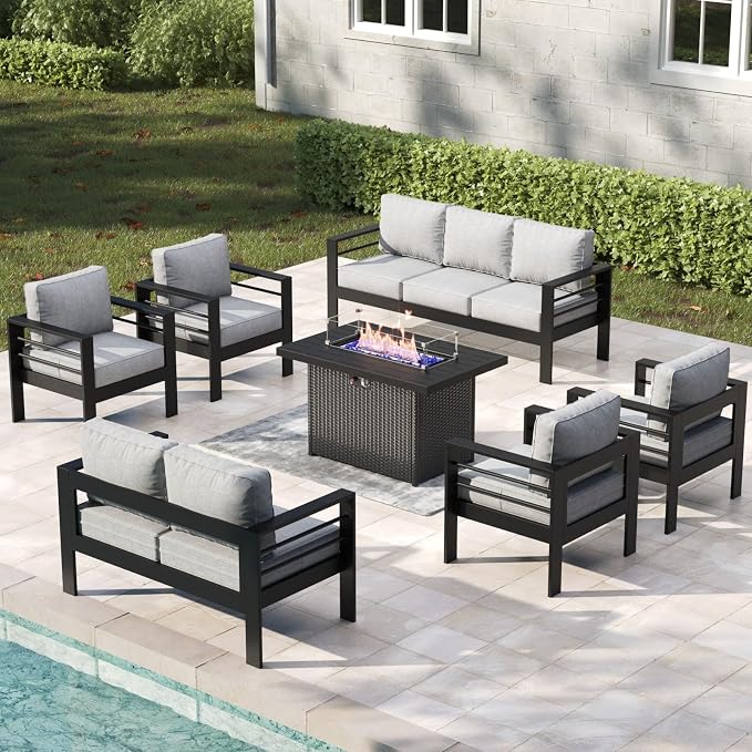 7 Pieces Aluminum Outdoor Patio Furniture Set with Fire Pit Table, Modern Metal Conversation Sofa Set with Deep Seating