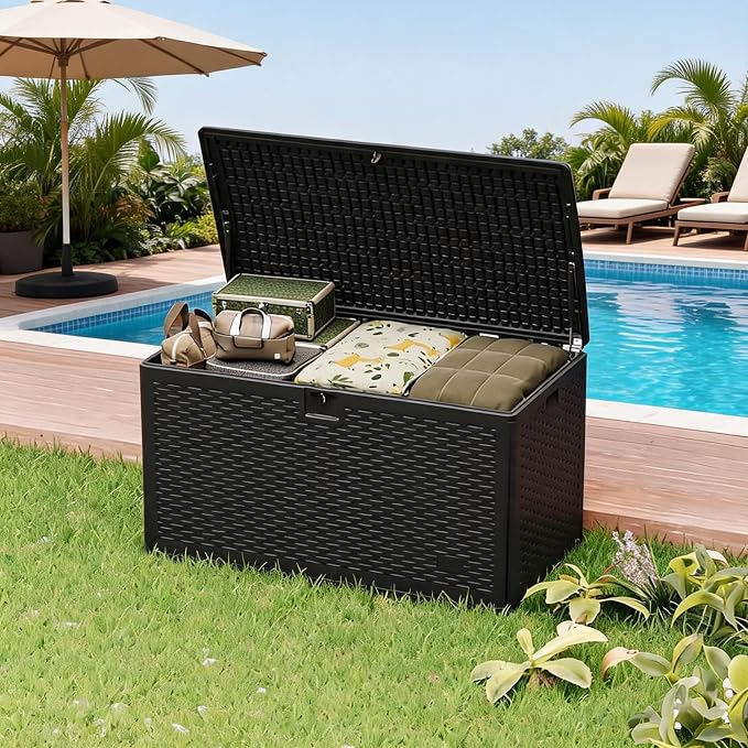 120 Gallon Waterproof Outdoor Storage Box – Blow-Molded Deck Box with Gas Rod Lift Lid, Lockable for Patio Furniture, Cushions, Garden Tools & Pool Floats,Black