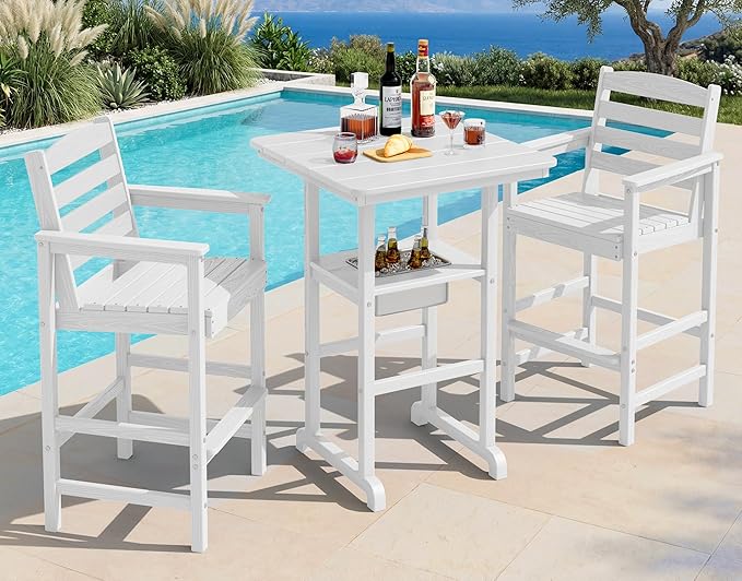 SERWALL Balcony Adirondack Chairs and Table 3 Pieces Set, HDPE Bar Height Chairs Set of 2 and Bar Table with Ice Bucket, Outdoor Bar Stools Set for Bistro, Poolside, Backyard, White