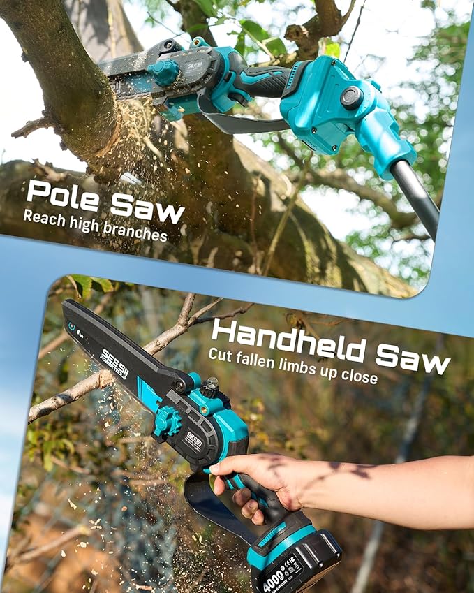 SEESII 2-in-1 Electric Pole Saws for Tree Trimming, 8 Inch Brushless Mini Chainsaw with Extension Pole, Cordless Pole Chain Saw, Tree Trimmer Limb Branch Cutter Pruner with 2 x 4.0Ah Batteries,P8 Nex