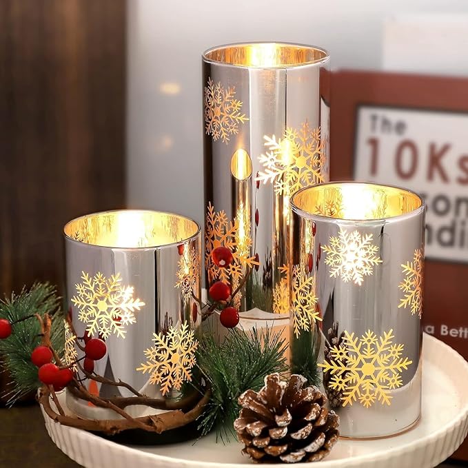 Snowflake LED Flameless Candles with Remote and Timer, Electroplate Glass Candles Operated by Battery, Christmas LED Flickering Candles Decoration for Bedroom, Party, Wedding