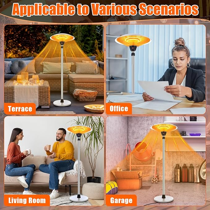 Glooglitter 1500w Electric Patio Heater for Outdoor Stainless Steel Free Standing Infrared Space Heater with Adjustable Height and Dust Bag, Tip-over Protection, for Porch Balcony Living Room Gazebo