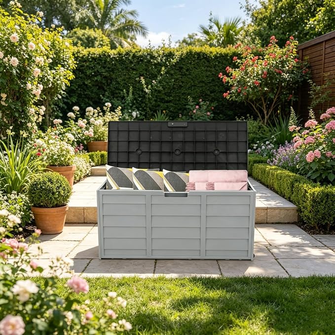 75 Gallon Waterproof Outdoor Deck Box with Wheels, Lockable Resin Patio Storage Container for Cushions, Garden Tools, Pool Accessories and Outdoor Supplies, Black Grey