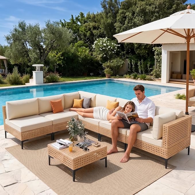 ABCASA Patio Sectional Furniture with Non-Slip Cushions, 110" Large 7-Piece Wicker Outdoor Patio Furniture Sets with Coffee Table,Boho Patio Conversation Set Sectional Sofa for Backyard,Porch,Beige