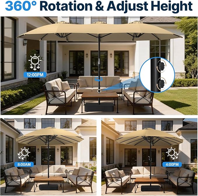 Suteck 15FT Patio Umbrella with Base Included, Double-Sided Rectangle Outdoor Large Umbrella with Crank Handle, UV & Fade Resistant Canopy for Poolside, Backyard, Deck and Market, Beige