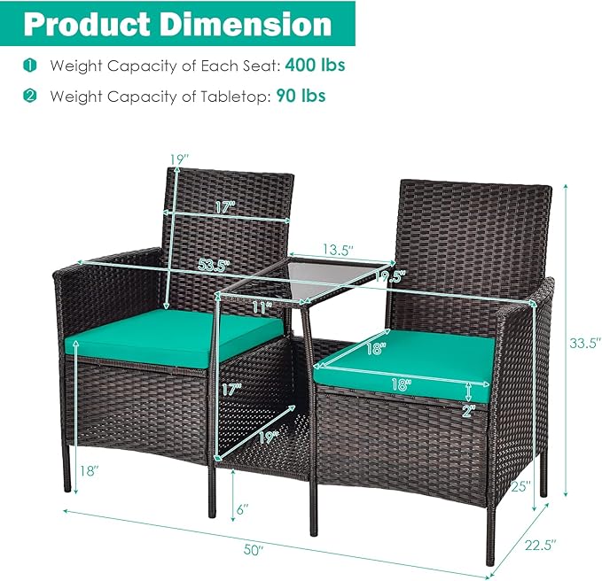 RELAX4LIFE Patio Outdoor Loveseat Set - PE Wicker Conversation Set w/Removable Cushion, Build-in Tempered Glass Coffee Table, Rattan 2-Seater Chair for Porch, Balcony, Patio Furniture Set (Turquoise)