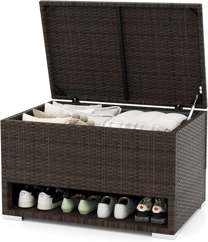 RELAXLIFE 48-Gallon Outdoor Storage Box - PE Wicker Patio Storage Bin w/Shoe Rack Shelf, Protective Liner for Cushion, Garden Tools, Pool Supplies, Backyard Pillows, Outside Furniture Rattan Deck Box