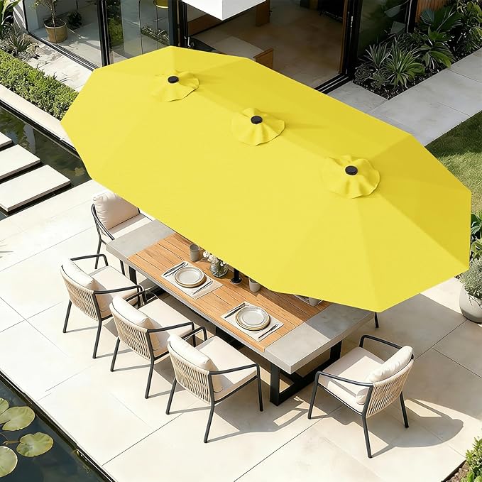 AreShark 15FT Outdoor Patio Umbrella with Crank, Large Rectangular Market Umbrella, Double-Sided Outdoor Umbrellas with Cross Base & Sandbag for Porch, Lawn, Pool, Backyard, Yellow