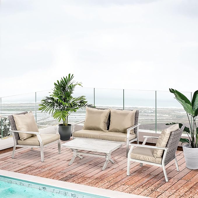 Outsunny 4 Pieces Patio Furniture Set with Cushions, Outdoor Wicker Conversation Sofa Sets, Aluminum Frame Sofa Sets for Backyard, Poolside, Garden, Beige