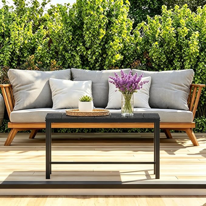 mapleway 33" Outdoor Coffee Table for Patio, Heavy Duty Metal Frame with Wood Slat Top, Weather Resistant Outside Table for Garden Deck Balcony Porch, Easy Assembly, Black
