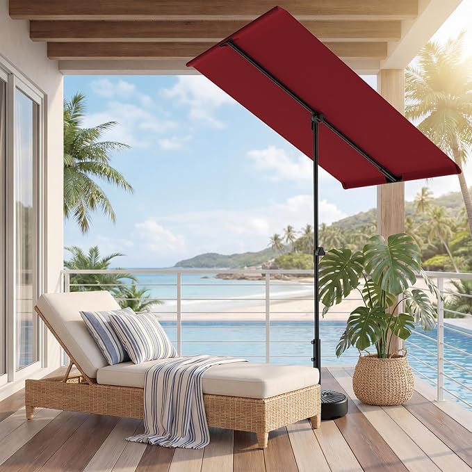 HOMSHADE 6x4ft Outdoor Balcony Umbrella - Flat Porch Pool Patio Umbrella Rectangular Canopy Shade UPF50+ UV Protection 360° Rotating & Tilting All Angles Applicable (Red, No Base)
