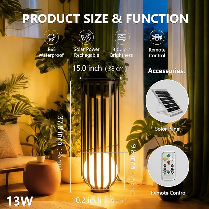 Outdoor Solar Plant Stand Table,Built-in LED Glowing Sphere, Remote Control & Detachable Solar Panel, Rustproof Weatherproof Metal Furniture for Garden Landscape