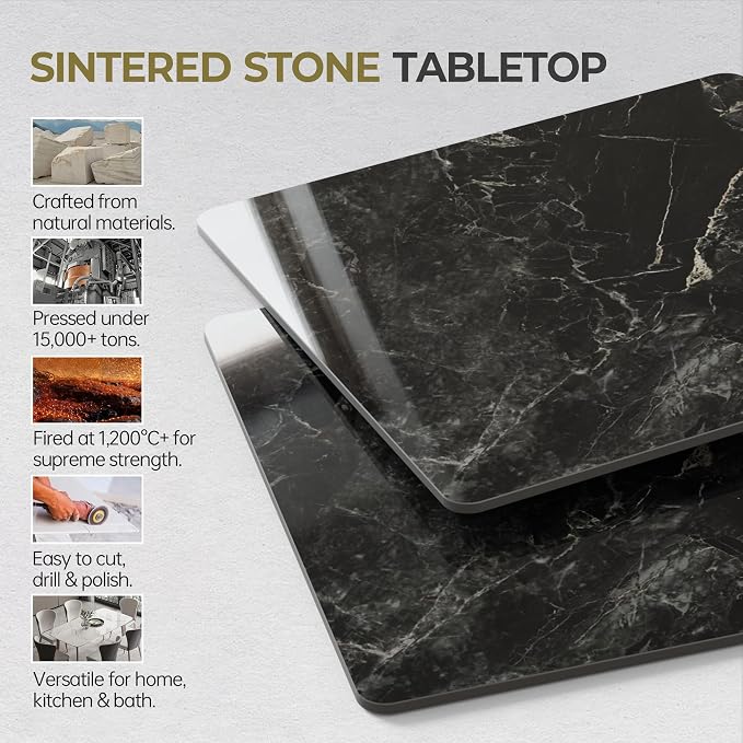 Square Table Top, 39.3" Black Sintered Stone Tabletop, DIY Replacement & Cover Marble Desktop, Scratch & Wear Resistant, Suitable for Indoor & Outdoor
