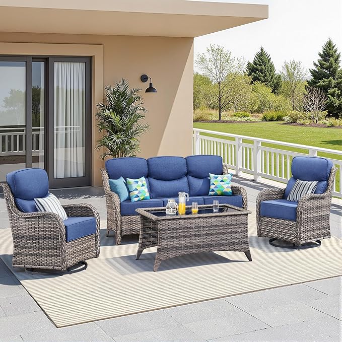 Luxury 4 Pieces Patio Furniture Set-Outdoor Swivel Rocker Patio Chairs with 6" Extra Thick Cushions, High Back Outdoor Couch and Coffee Table, Wicker Conversation Sets for Porch Deck(Grey/Blue)