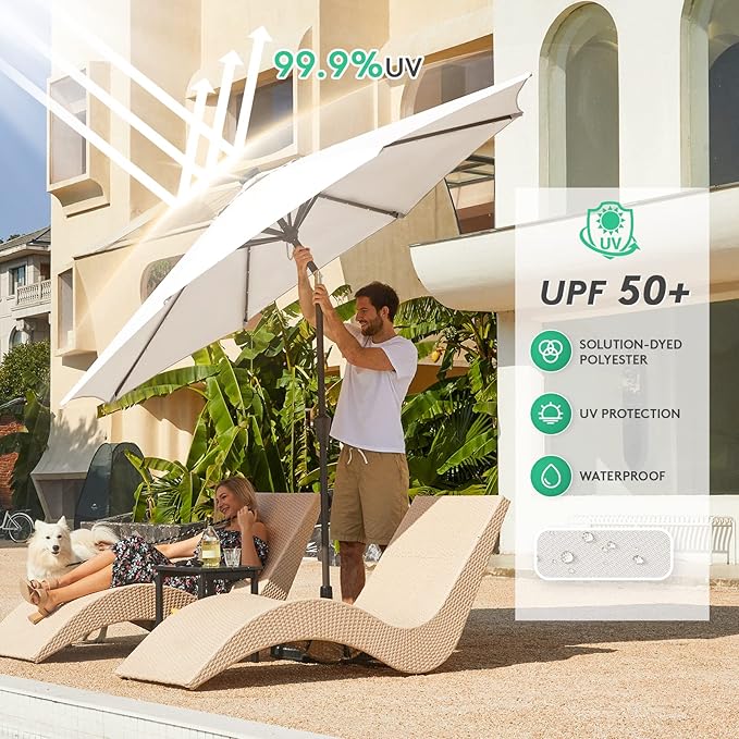 JEAREY 9FT Outdoor Patio Umbrella with Solar Lights, LED Lighted Pool Umbrella with Tilt and Crank, Outdoor Table Umbrellas for Deck, Yard & Market (Off White)