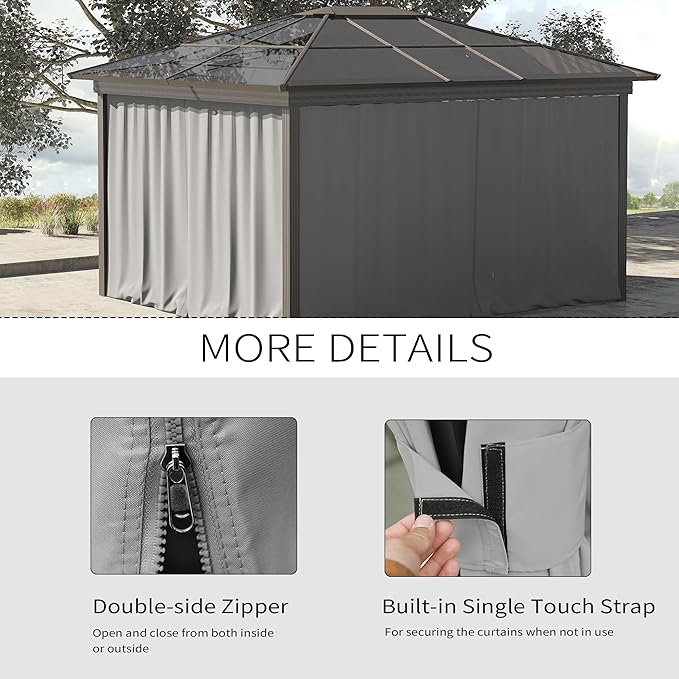 Outsunny 10' x 10' Universal Gazebo Sidewall Set with Panels, Hooks and C-Rings Included for Pergolas and Cabanas, Light Gray