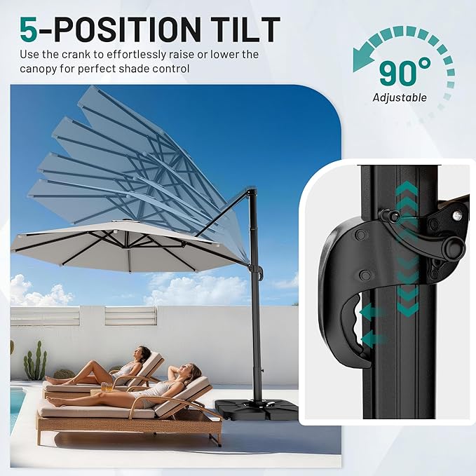 AreShark 11FT Round Cantilever Patio Umbrella with Base Included, 360° Rotation Offset Outdoor Umbrella, 5 Tilt Settings Heavy Duty Hanging Parasol for Deck Garden Pool, Light Grey