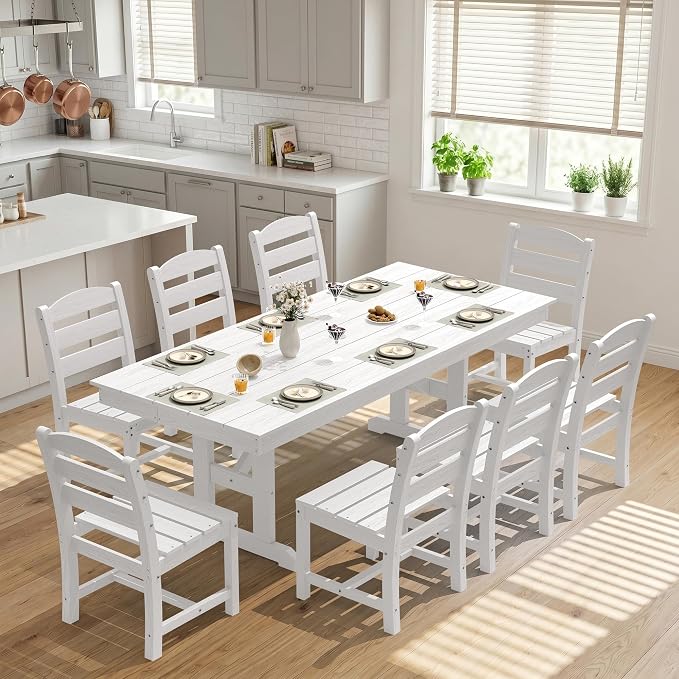 KINGYES 8-Seat Outdoor Patio Dining Set,84 inch HDPE Rectangular Table and Chairs Set，Waterproof Furniture Set with Umbrella Hole for Backyard,White
