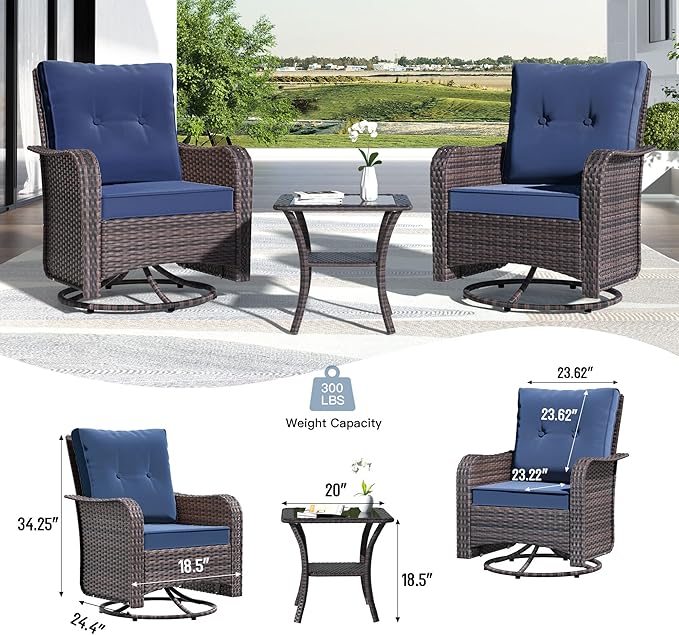 Kullavik 3 Pieces Patio Furniture Set,Outdoor Swivel Glider Rocking Chairs Set,Front Porch Furniture Patio Conversation Sets with Side Table for Balcony Deck Backyard,Navy Blue