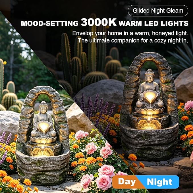 27" Outdoor Buddha Fountain with LED Lights, Zen Water Fountain Outdoor for Garden Patio Deck, 3-Tier Cascading Waterfall Fountain with Warm 3000K Glow & Pebbles, Faux Stone Resin Decor