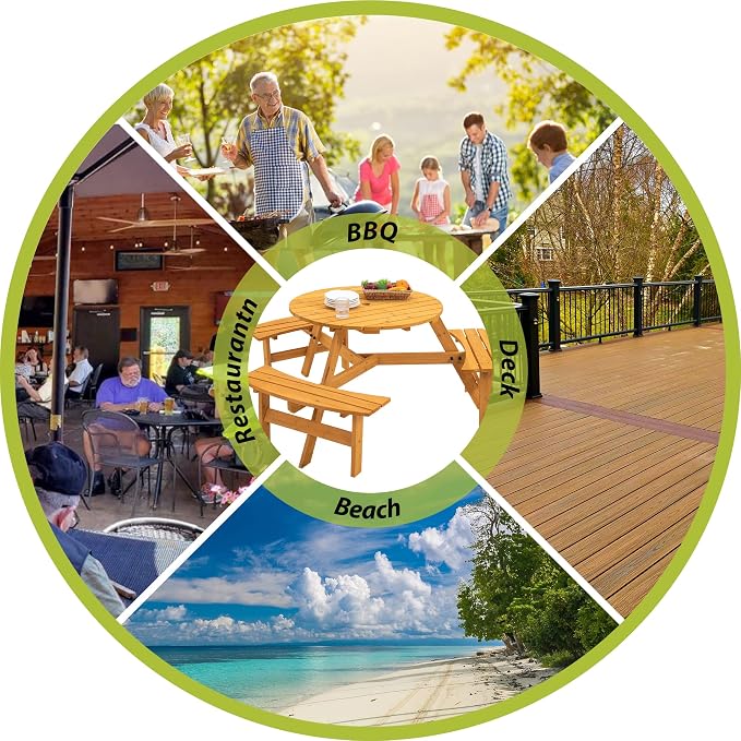 67 in. Round Circular Outdoor Wooden Picnic Table for 6 Persons with 3 Built-in Benches, 1720 lbs Capacity, Natural DIY Patio Dining Set for Backyard, Garden with Umbrella Hole