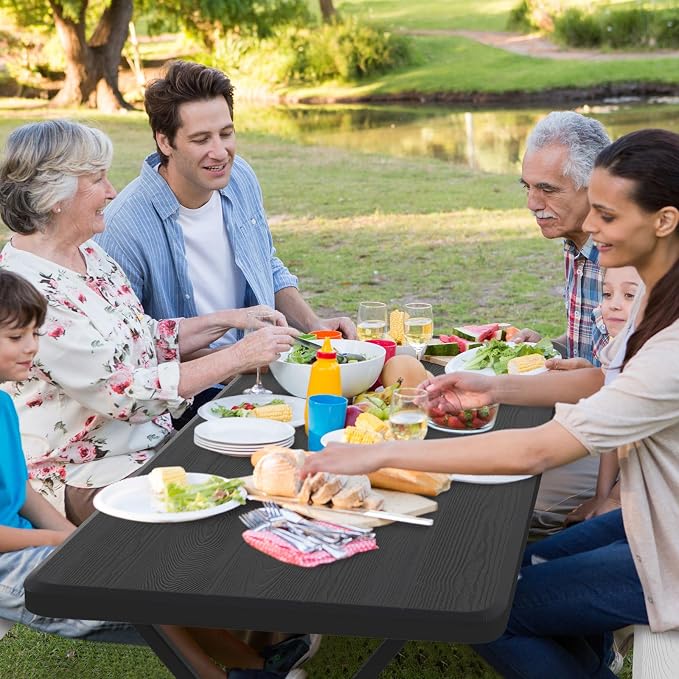 S AFSTAR Picnic Table, 59” Plastic Picnic Table with Benches, Steel Frame & Wood-Like Texture Tabletop, Expanded Rectangular Camping Table Chair Set for Garden Patio Lawn Deck (Black)