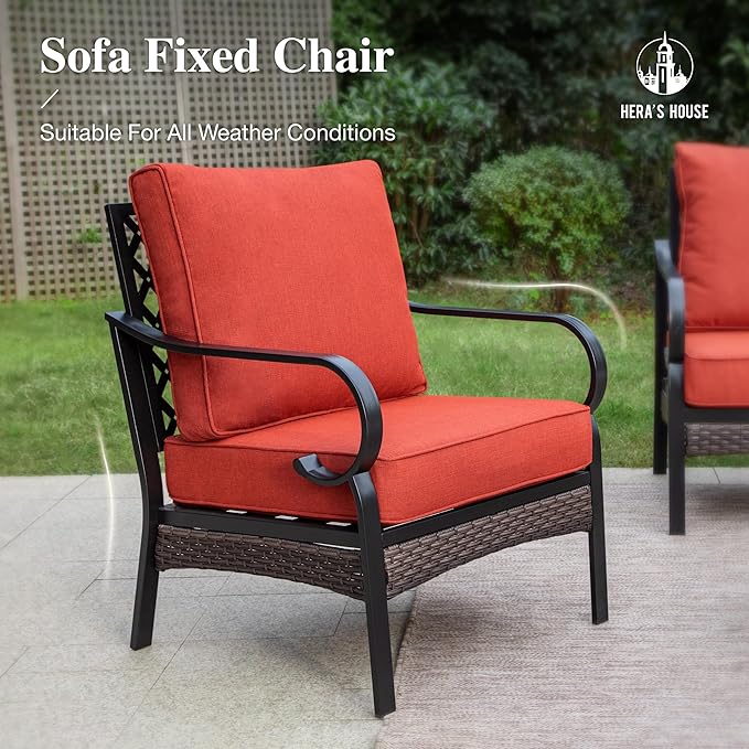 HERA'S HOUSE 5 Piece Metal Patio Furniture Set with 56" Fire Pit Table, All Weather Outdoor Conversation Set, 3 Seat Sofa with Loveseat, 2 Fixed Chairs, Seats 7 for Backyard, Garden, Deck, Red