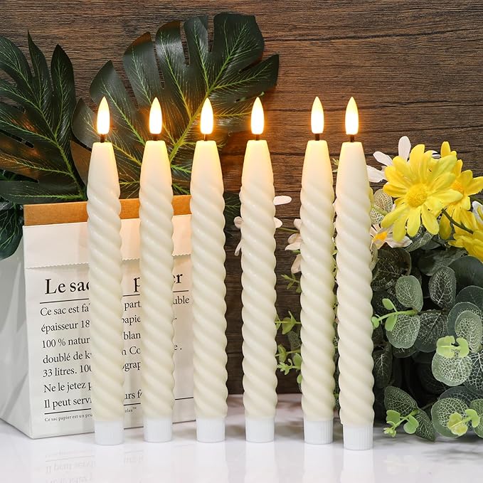 Flameless Taper Candles Real Wax Flickering with Remote Timer, Pastel Ivory 3D Wick LED Spiral Candles Battery Operated 6 Pack 9.8 inch, Wedding Birthday Home Party Holiday Dinner Decor