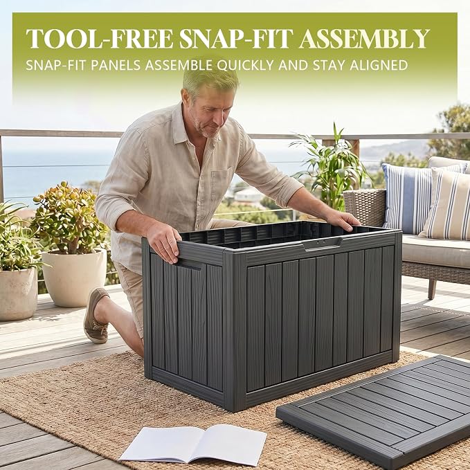 Waterproof Outdoor Storage Box Outside Deck Box Lockable Resin Bench UV Resistant Furniture Cushion Pool Tool Float Bin Patio Garden Porch (Black, 50 Gallon)