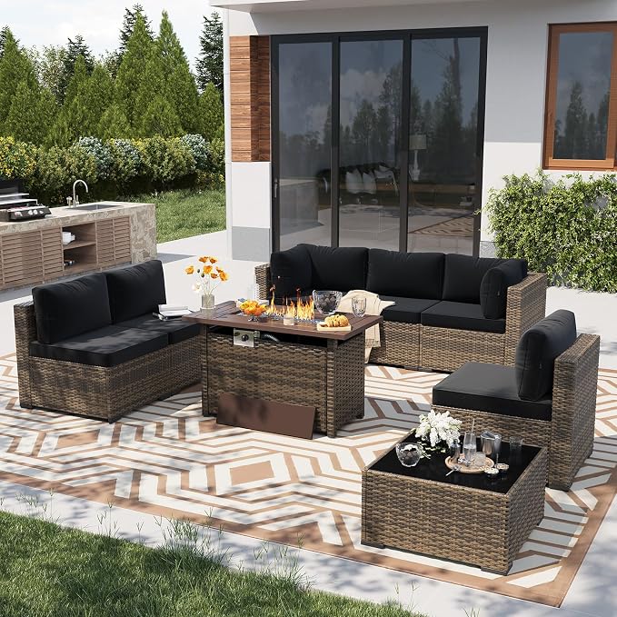 LazySunsets 8 Piece Outdoor Patio Furniture Set with 44'' Fire Pit Table, Outdoor Patio Furniture Set with Thicken Cushion, Wicker Rattan Outdoor Conversation Set for Backyard & Garden, Black