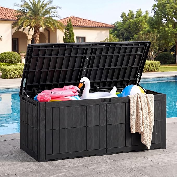 HAPPYGRILL 180 Gal Outdoor Deck Box, Lockable Storage Bin with Lid and Handles, Waterproof and Sun-Protective Patio Bench and Storage Box for Garden Tools Pool Supplies (Black, 180Gallon)