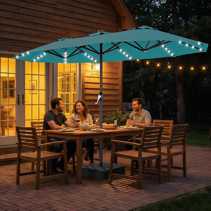 AreShark 13 FT Patio Umbrella with Solar Lights, Double-Sided Outdoor Table Umbrellas with Crank, Large Rectangular Market Umbrella for Porch, Lawn, Pool, Backyard, Lake Blue