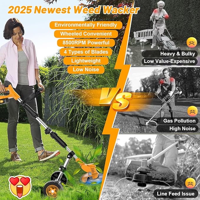 Electric Weed Wacker Cordless Weed Eater Battery Powered 21V, 4-in-1 Brush Cutter/String Trimmer/Grass Trimmer/Lawn Mower, 6 inch Lightweight Edger Stringless Weed Trimmer with Wheel & Blade,2 Battery