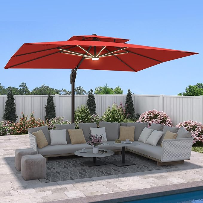 9 X 12 FT Cantilever Outdoor Patio Umbrella with Base Included Large Heavy Duty 360° Rotation Double Top Offset Rectangular Umbrellas with LED Lights for Backyard Outside Deck, Red