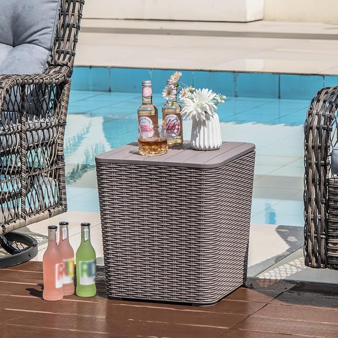 LDAILY 11.5 Gallon Outdoor Storage Box, Deck Box with Table Top & Stool, Resin Wicker Patio Side Table with Storage, Removable Lid, 330Lbs Capacity for Poolside, Balcony (Brown)