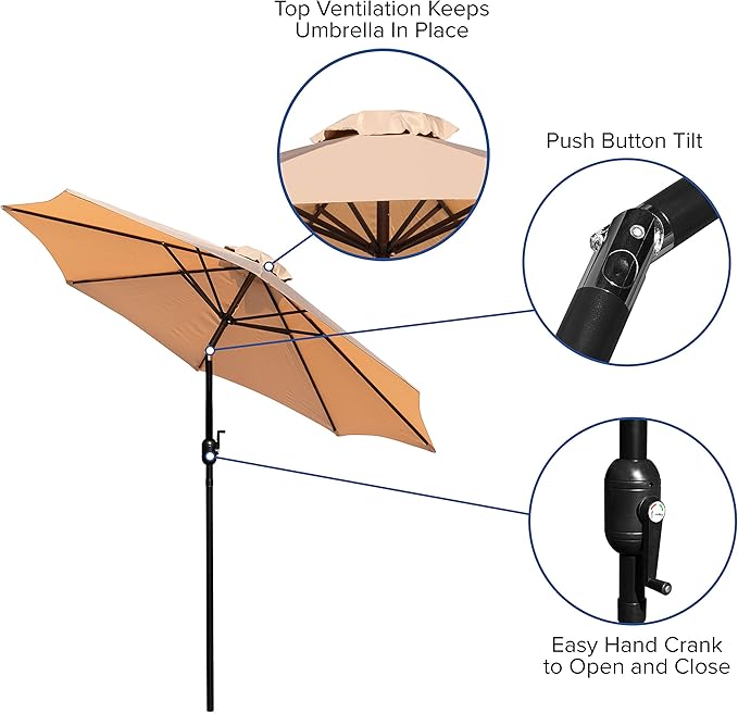 EMMA + OLIVER 9' Tan Outdoor Patio Umbrella With Easy To Use Crank And Tilt Function - Round Patio Table Umbrella with 1.5" Diameter Steel Pole