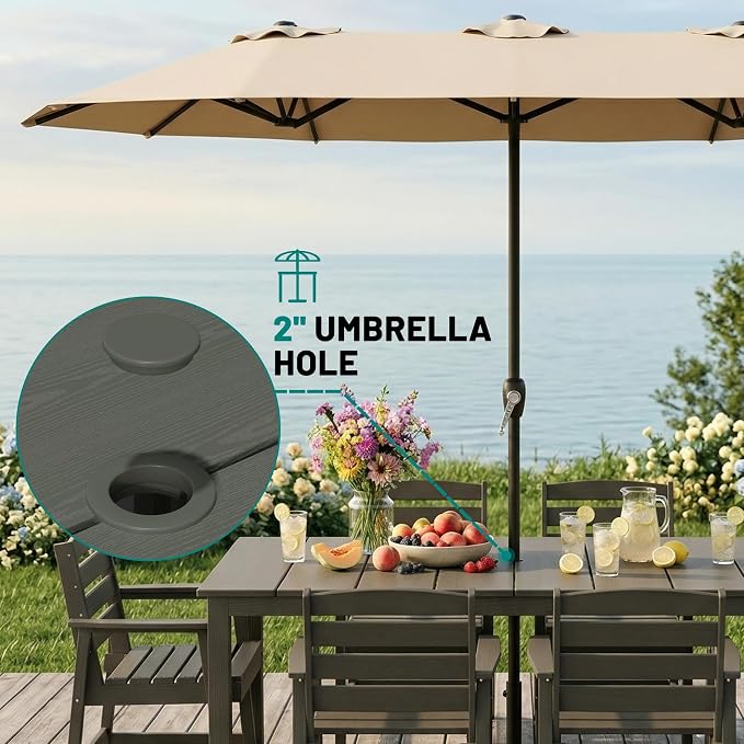 PLUUV 7-Piece Outdoor Patio Dining Set, All-Weather HDPE Dining Furniture Set with Umbrella Hole Cut-Out Table, Aluminum Table Legs, and 6 Chairs, Waterproof & Easy Clean for Backyard, Garden, Grey