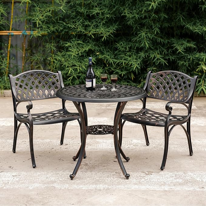 31" Cast Aluminum Patio Table, Outdoor Dining Table, Round Metal Conversation Table with 2.2" Umbrella Hole, for Porch Backyard