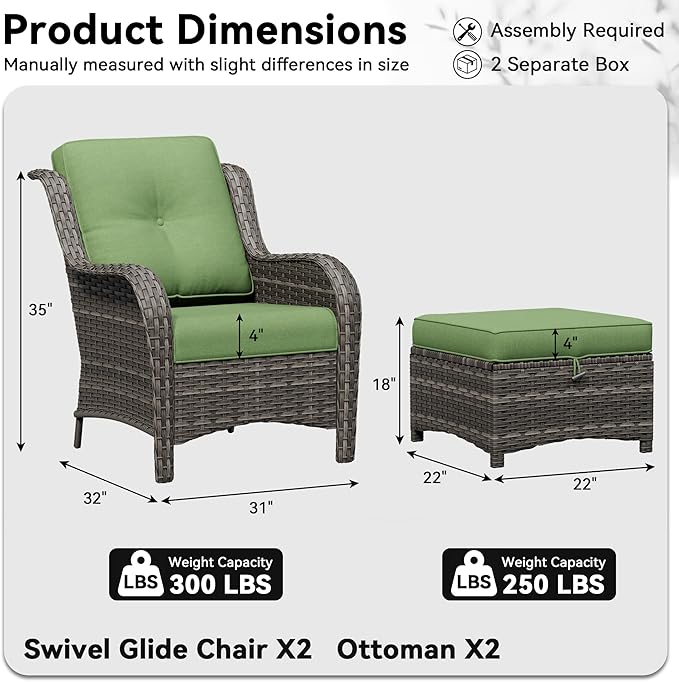 4 Piece Outdoor Wicker Patio Furniture Set, Patio Chairs Set with Thickened Olefin Cushions, High Back and Deep Seating, Hand-Woven PE Rattan, Ottoman for Porch, Deck, Green