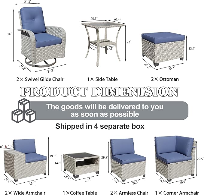 11-Piece Outdoor Patio Furniture Set, Modular Sectional Sofa Set with Swivel Rocker Chairs & Ottomans, Wicker Outdoor Couch Conversation Sets w/Coffee Table and Cushions, Blue
