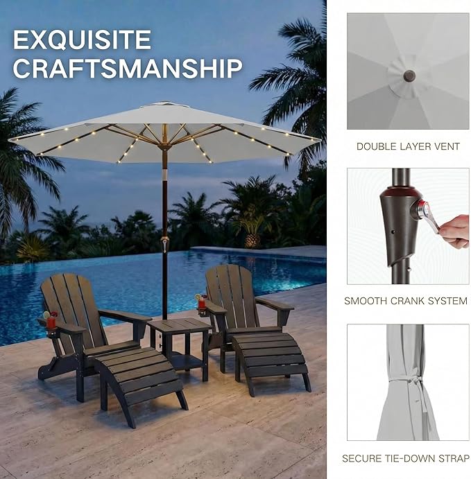 Kingdura 10FT Outdoor Patio Umbrella with Solar Lights, Market Table Umbrella with Push Button Tilt & Crank, 8 Sturdy Ribs, 32 LED Lights, UV Protection for Garden Lawn Deck Backyard Pool (Light grey)