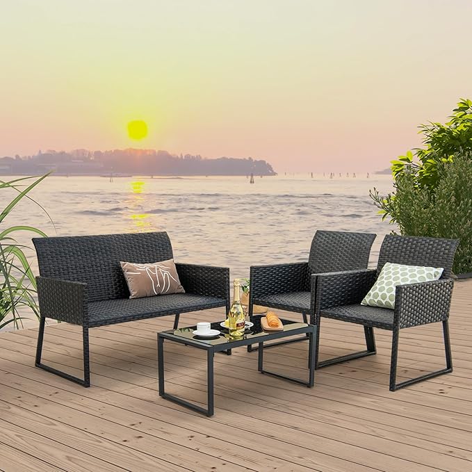 Tangkula 4 Pieces Wicker Patio Furniture Set with Quick Dry Foam, Patiojoy All Weather Resistant Outdoor Conversation Set, for Backyard, Poolside, Deck, Balcony, Garden (1, Mix Brown)