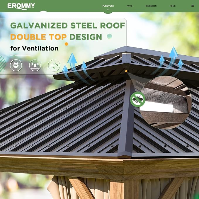 EROMMY 12' x 12' Gazebo, Wooden Finish Coated Aluminum Frame Canopy with Double Galvanized Steel Hardtop Roof, Outdoor Permanent Metal Pavilion with Curtains and Nettings for Patio, Backyard and Deck