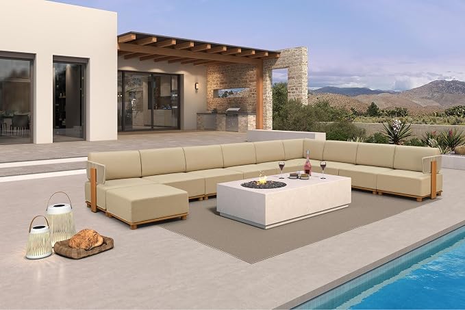 PURPLE LEAF Patio Furniture Set Modular U-Shaped Outdoor Sectional Sofa with 11" Thick Olefin Cushion 10-Piece Outdoor Conversation Set w/Ottoman & White Lights for Backyard Garden Poolside, Beige