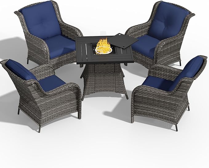 5 Pcs Patio Furniture Set with Fire Table-31'' Fire Pit Table, 4 Outdoor Rattan Wicker Conversation Chairs (4 Fixed Chairs) (Blue)